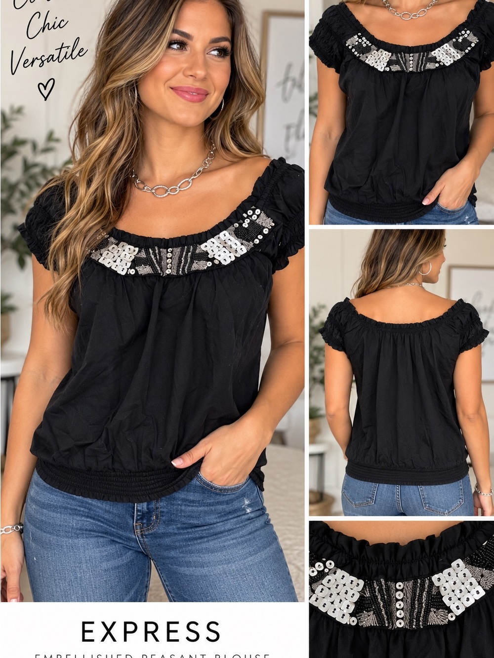 Express Black Embellished Peasant Blouse Off Shoulder Ruffle Y2K Boho Top